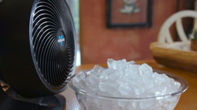 Thay vì chỉ bật quạt theo cách thông thường, bạn có thể đặt một chậu đá trước quạt.