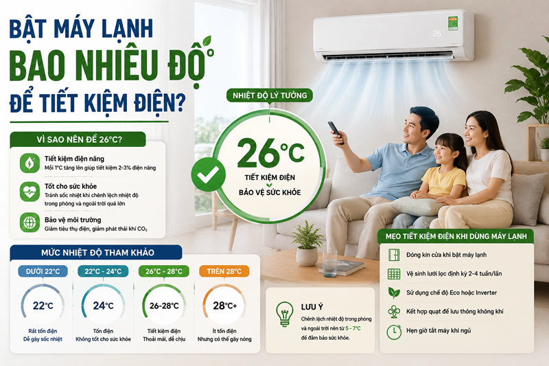 Bật máy lạnh bao nhiêu độ để tiết kiệm điện trong ngày nắng nóng