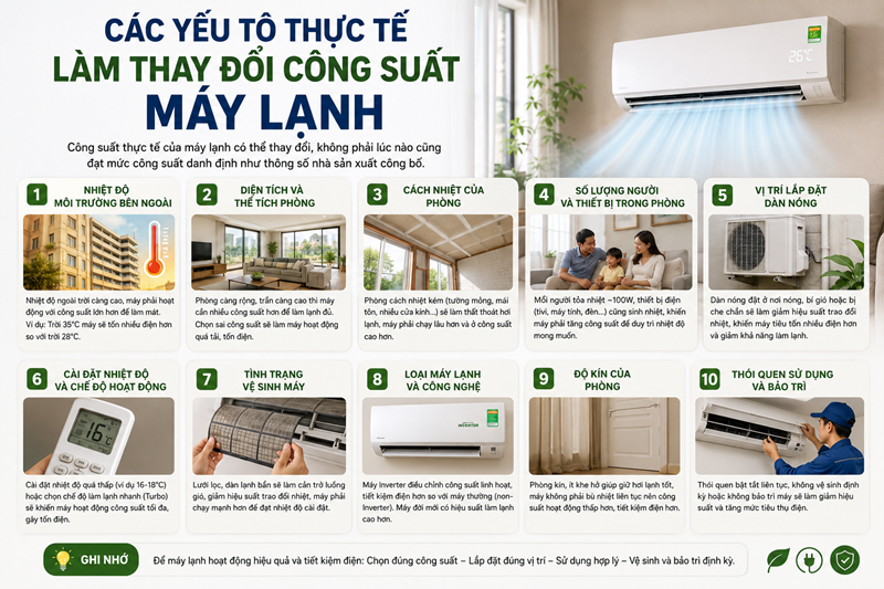 Các yếu tố thực tế làm thay đổi công suất máy lạnh